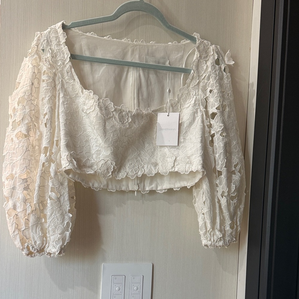 Zimmermann Cream Floral Lace Cropped Blouse with Puff Sleeves